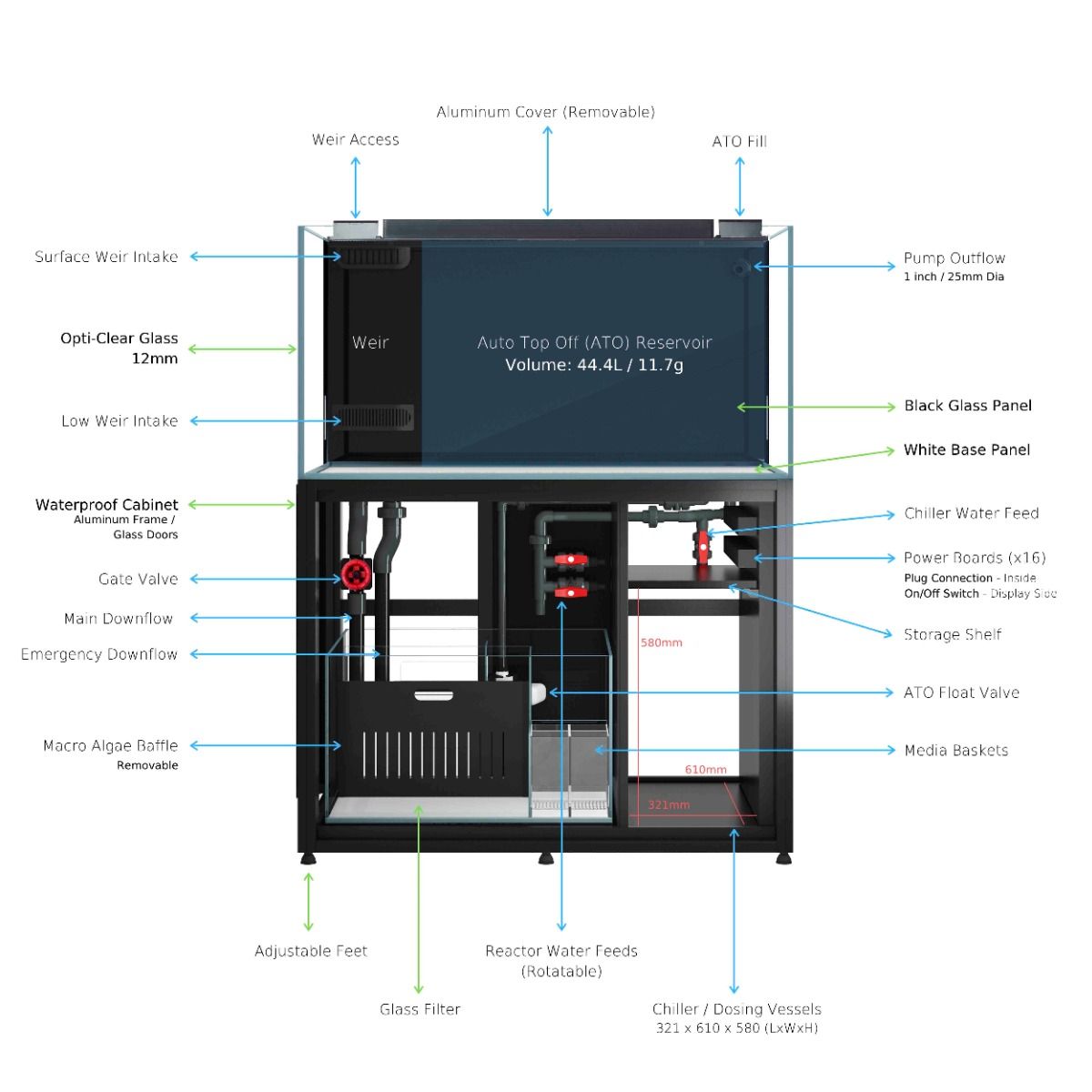 CADE Reef S2 1200 Rimless Saltwater Aquarium - 432L with Twin Intake Weir