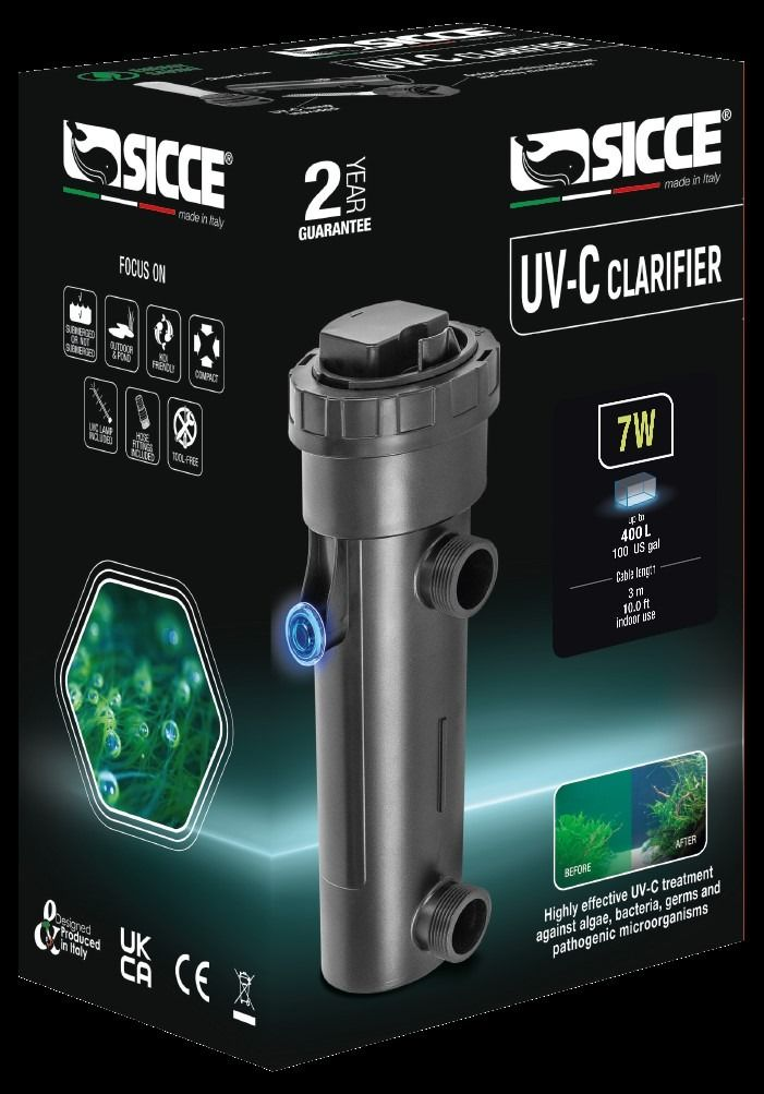Sicce Aquarium UVC Clarifier 7W Submersible UV Steriliser